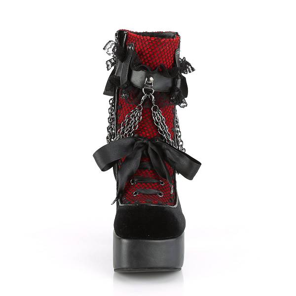 Demonia Women's Charade-110 Platform Ankle Boots - Black Vegan Leather/Red D8146-02US Clearance